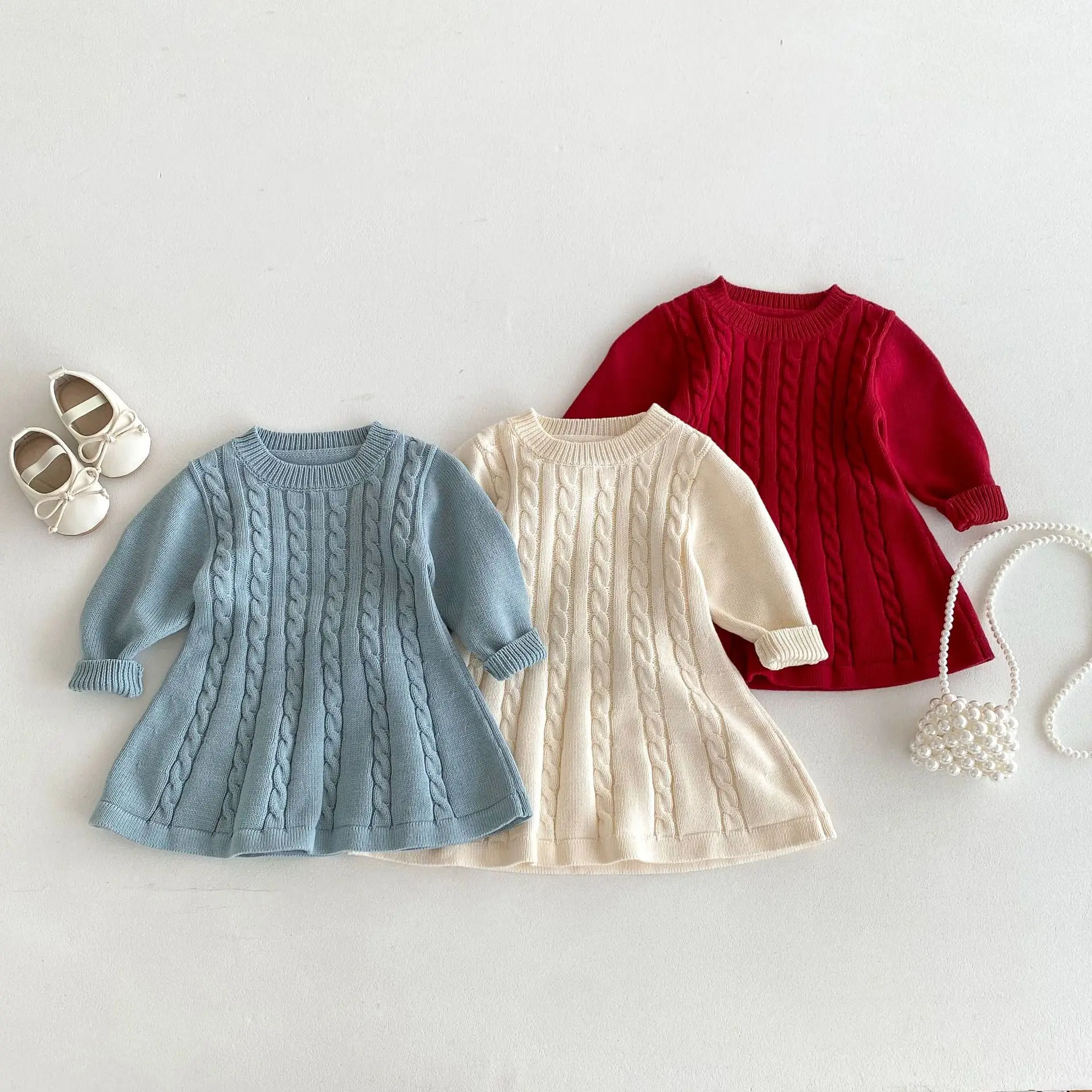 new style knitted girls dress high quality long sleeve knitting dress hot sale fall winter girls clothing