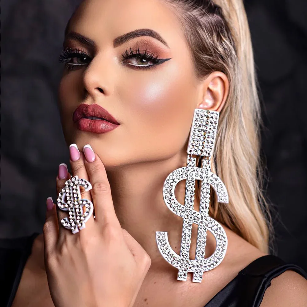 Fashion Rhinestone larger Dollar Sign Hanging Dangle Earrings Long Shiny Crystal big Dollar USD Earrings Jewelry