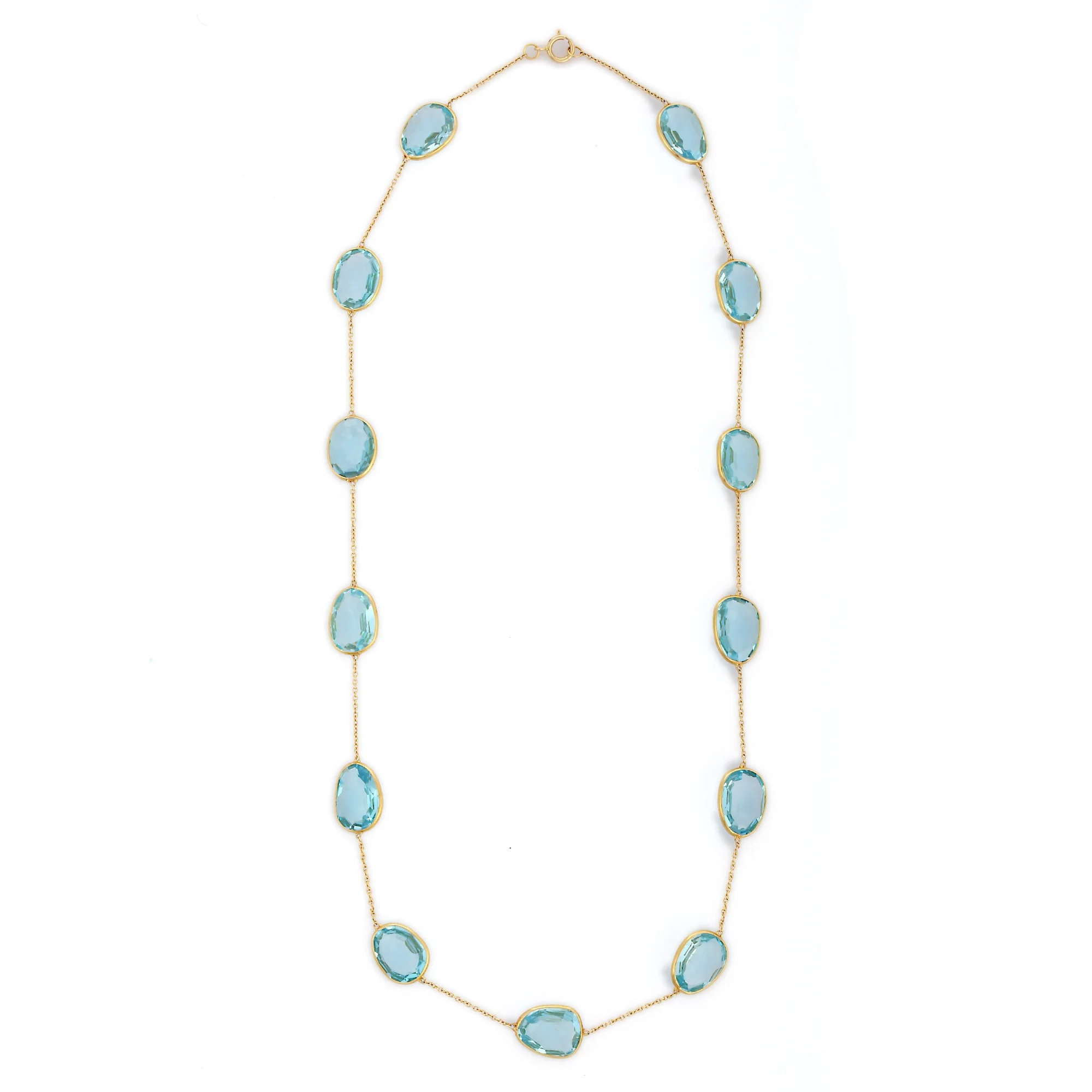Fashion Jewelry Natural Blue Topaz Link Chain Necklace 18K Solid Yellow Gold Beaded Necklace Handmade Wholesale Products
