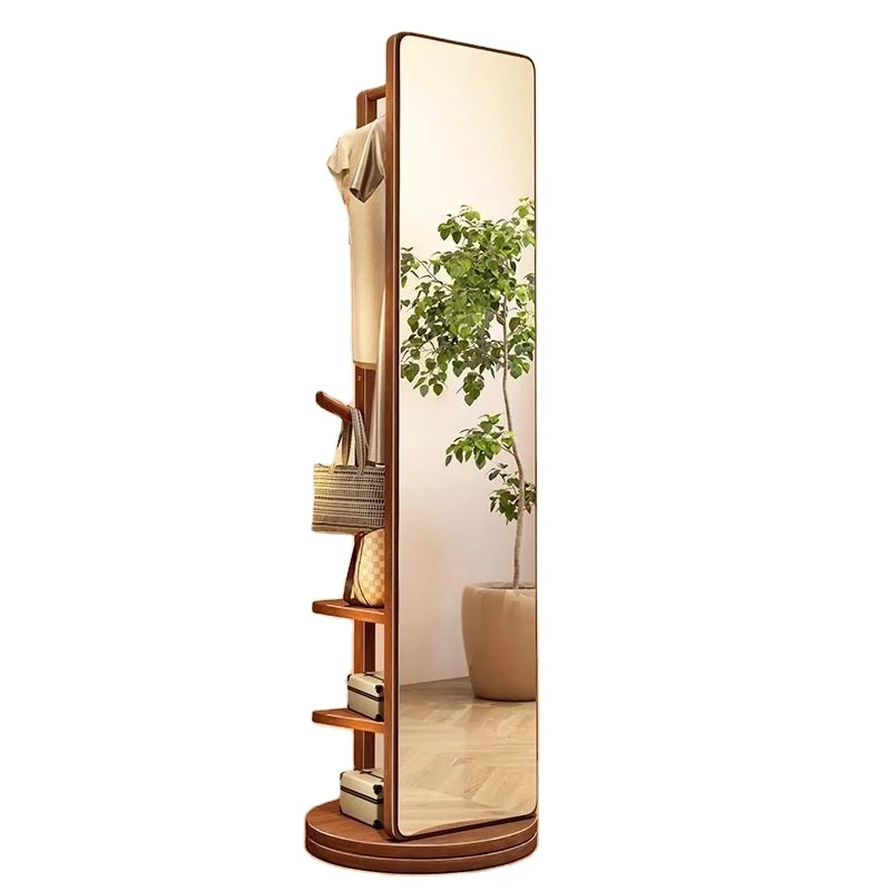 Solid wood floor-standing full-length dressing mirror  movable feature integrated with hanging rack for bedroom use
