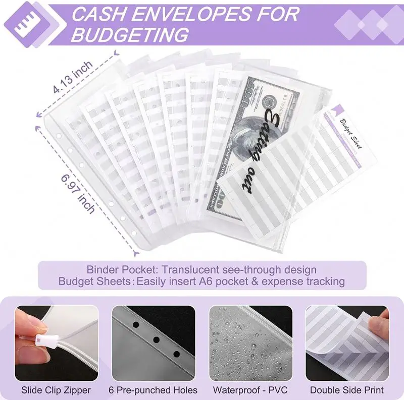 17 Existing Colors! 6 Rings Mini Pocket Money Saving Planner A6 Black Budget Binder with Cash Envelopes