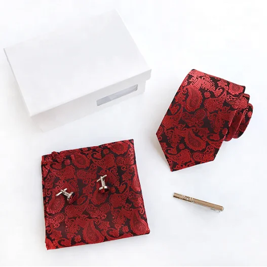 Fast Delivery Paisley Pattern Tie Clip Cufflinks Tie And Hanky Sets With Box Packing
