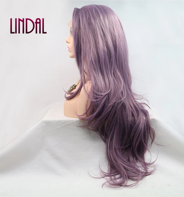 LINDALHAIR Long Wavy Synthetic Lace Front Wig Glueless Purple High Temperature Heat Resistant Fiber Hair Wigs For Women
