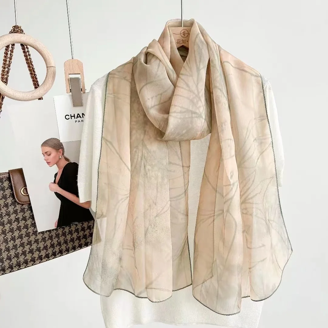 Factory gambiered Guangdong gauze machine rolled 55*175cm fashionable100% silk Printed Design Silk Scarf Gift