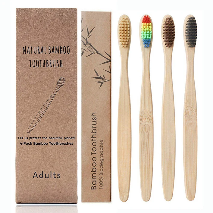 Wholesale OEM Approved Custom Laser Logo 4Pack 4 Pack Adult Kids 100% Biodegradable Natural Organic Bamboo Toothbrush Set