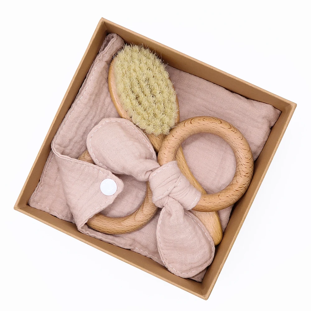 Newborn Shower Gift Set Box Souvenir Baby Cotton Blanket Teething Baby Rattle Milestone Wooden Toy Set