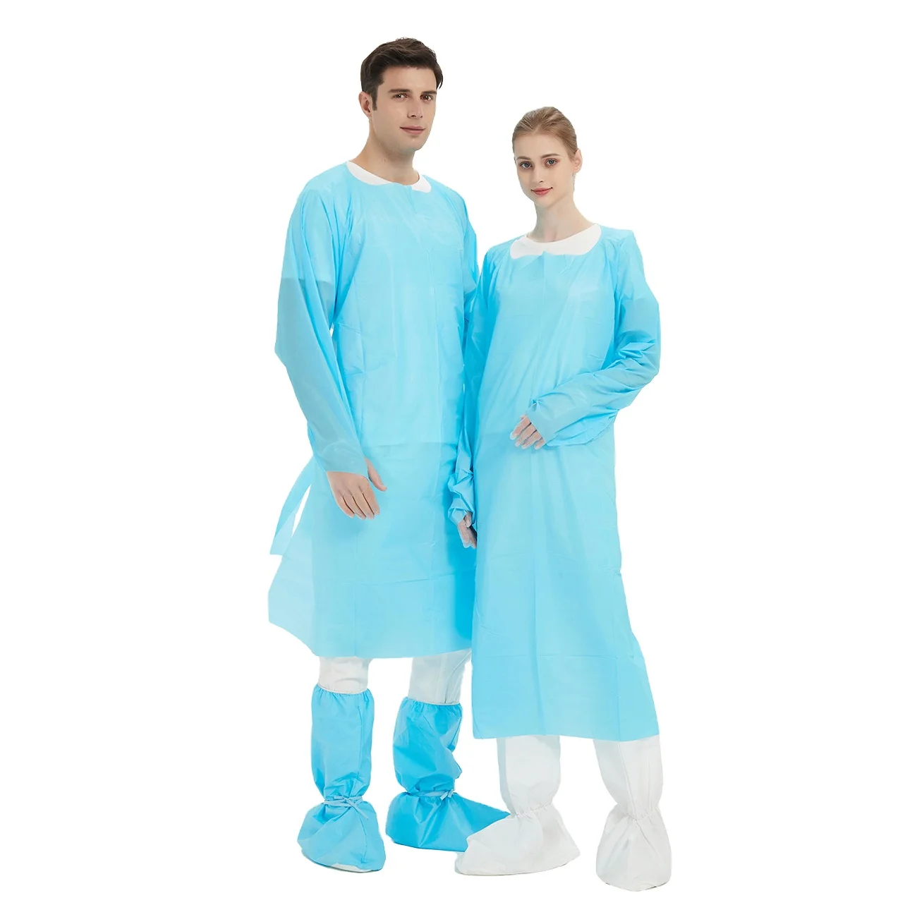 Factory directly price blue color disposable waterproof isolation Gown CPE Apron with thumb loop