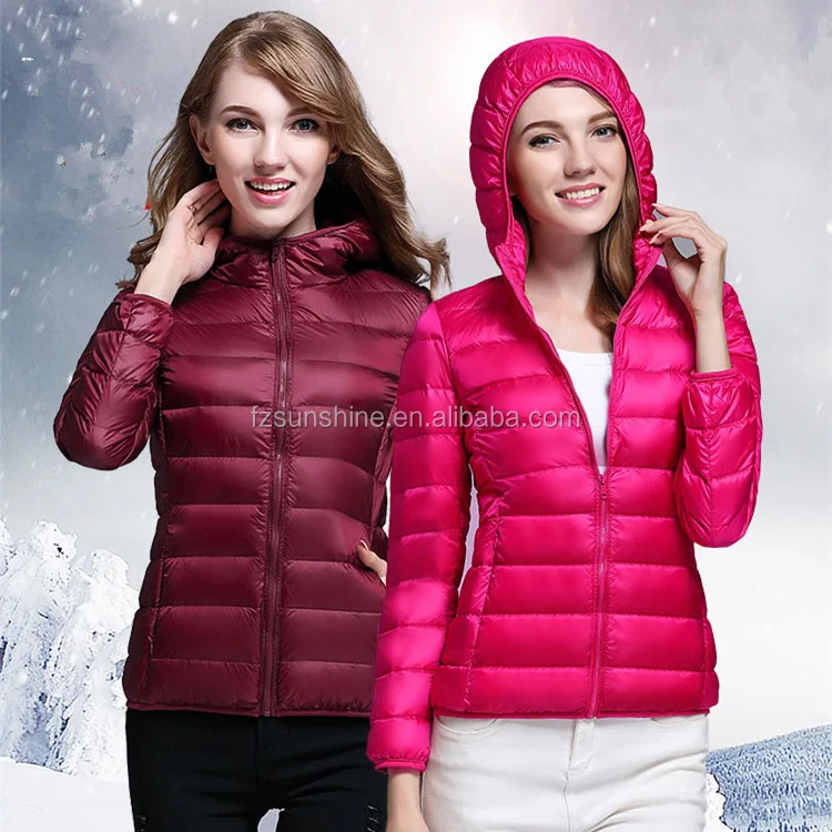 Women White Duck Down Jacket Hooded Ultra Lightweight Foldable Jacket with portable bag