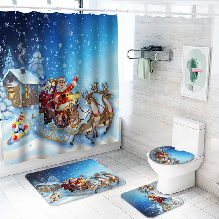 
Lianquan Santa Claus shower curtain custom waterproof digital printing four-piece toilet floor mat shower curtain set 