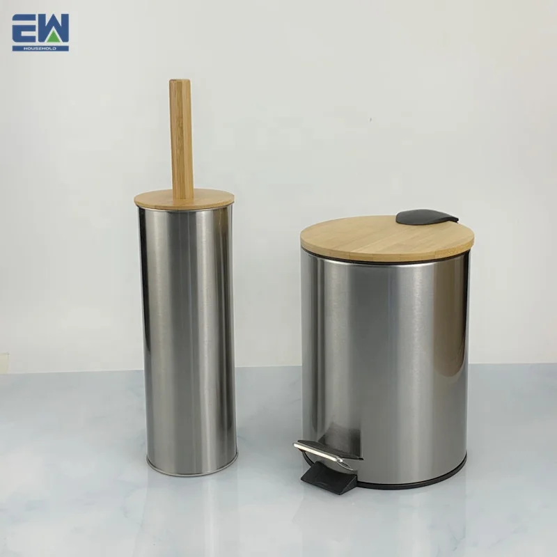 Набор для чистки ванной комнаты с трубкой туалетной щетки и педалью металлический мусорный бак из нержавеющей стали бамбуковой крышки стальной контейнер хранения