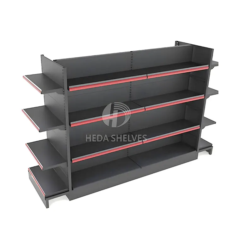 China Manufacturer Heda Factory Grocery Store Racks Supermarket Black Gondola Shelves Adjustable Metal Gondola Shelving