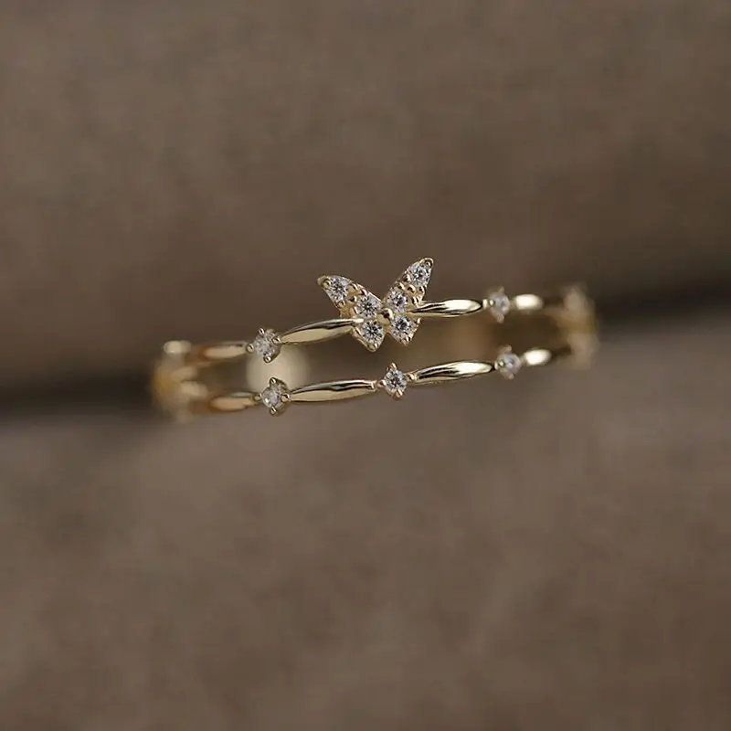 Распродажа 925 стерлингового серебра 14K позолоченные регулируемые двойные кольца с цирконом на палец бабочкой для женщин