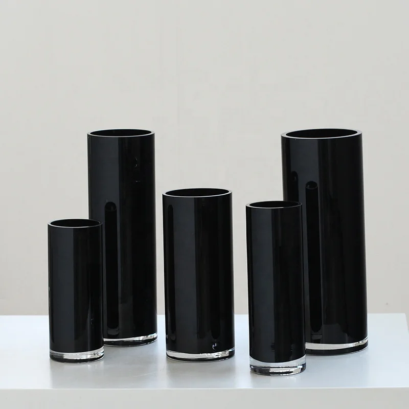 Bixuan Handblown Glass Vase Home Decor Table Centerpieces Modern Wedding Flower Arrangement Cylinder Black Color Glass Vases
