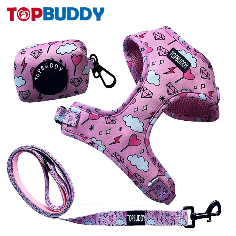 Soft Breathable Harness Set Adjustable Harness Dog Lead and Poo Bag Holder Durable Dog Harness with soft Padded