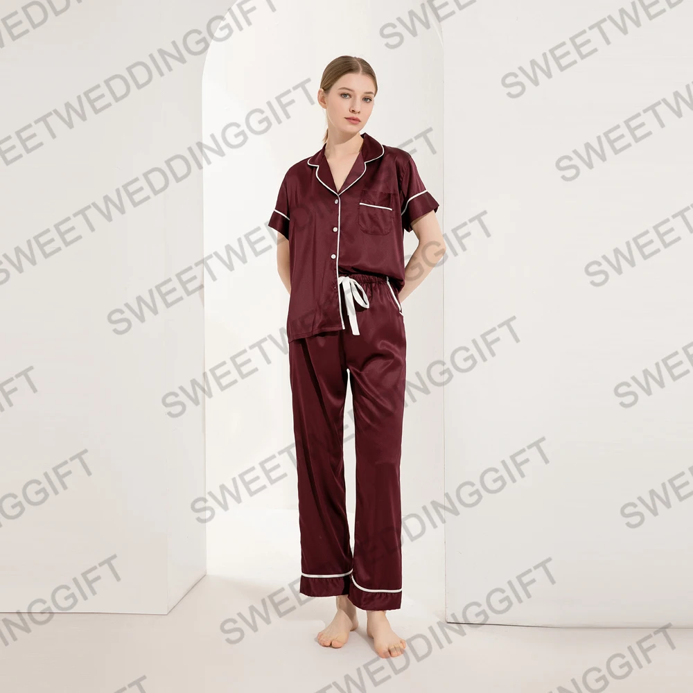 928 Satin Pajama Set For Women Two Piece Set Clothing  Ladies short sleeve Long Pant