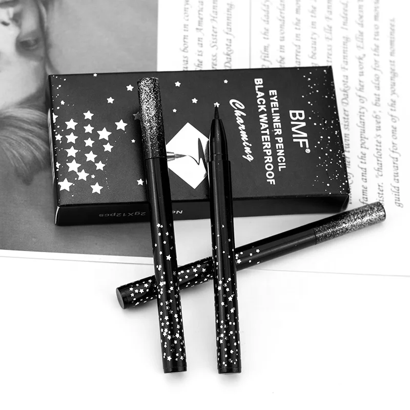 Высококачественная профессиональная водостойкая клейкая черная жидкая подводка для глаз с миниатюрным пером, фирменная торговая марка, подводка для глаз с принтом звезд