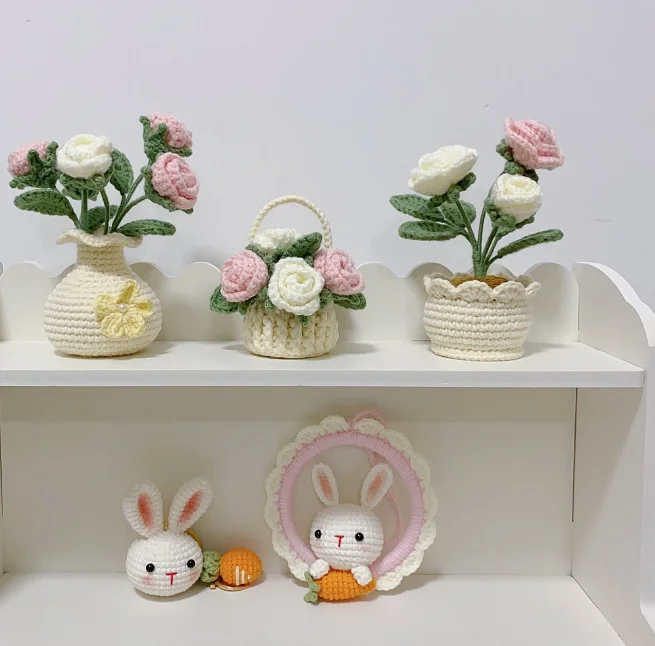 2023SYWhite Roses Artificial Flowers Crochet Potted Plant Wedding Decorative Vases for Home Decor Bride Bouquet Foam Craft Gifts