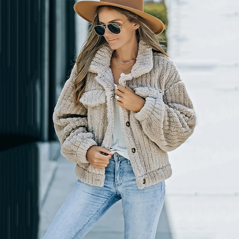 Hot Sale Casual Fashion Solid Color Fleece Button Up Women Winter Coats For Ladies