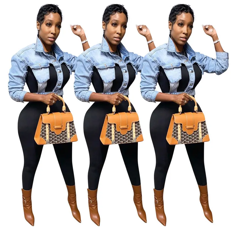
Street style Short shirt long sleeve loose rivets holes light blue high waist washed denim jacket 