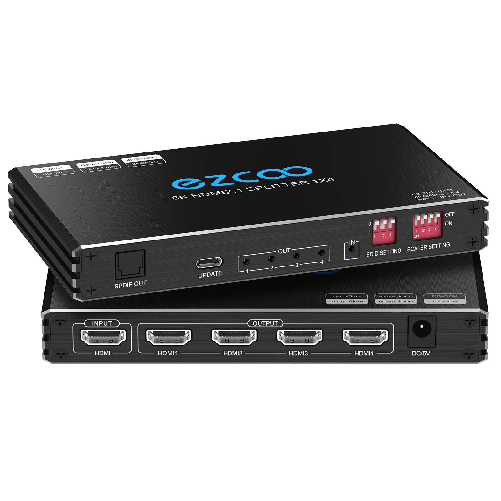 4K 120Hz HD-MI Splitter 1X4 prot Audio Extractor VRR ALLM HDCP2.3 HDR10+CEC SPDIF Optical 5.1CH Audio EDID Scaler