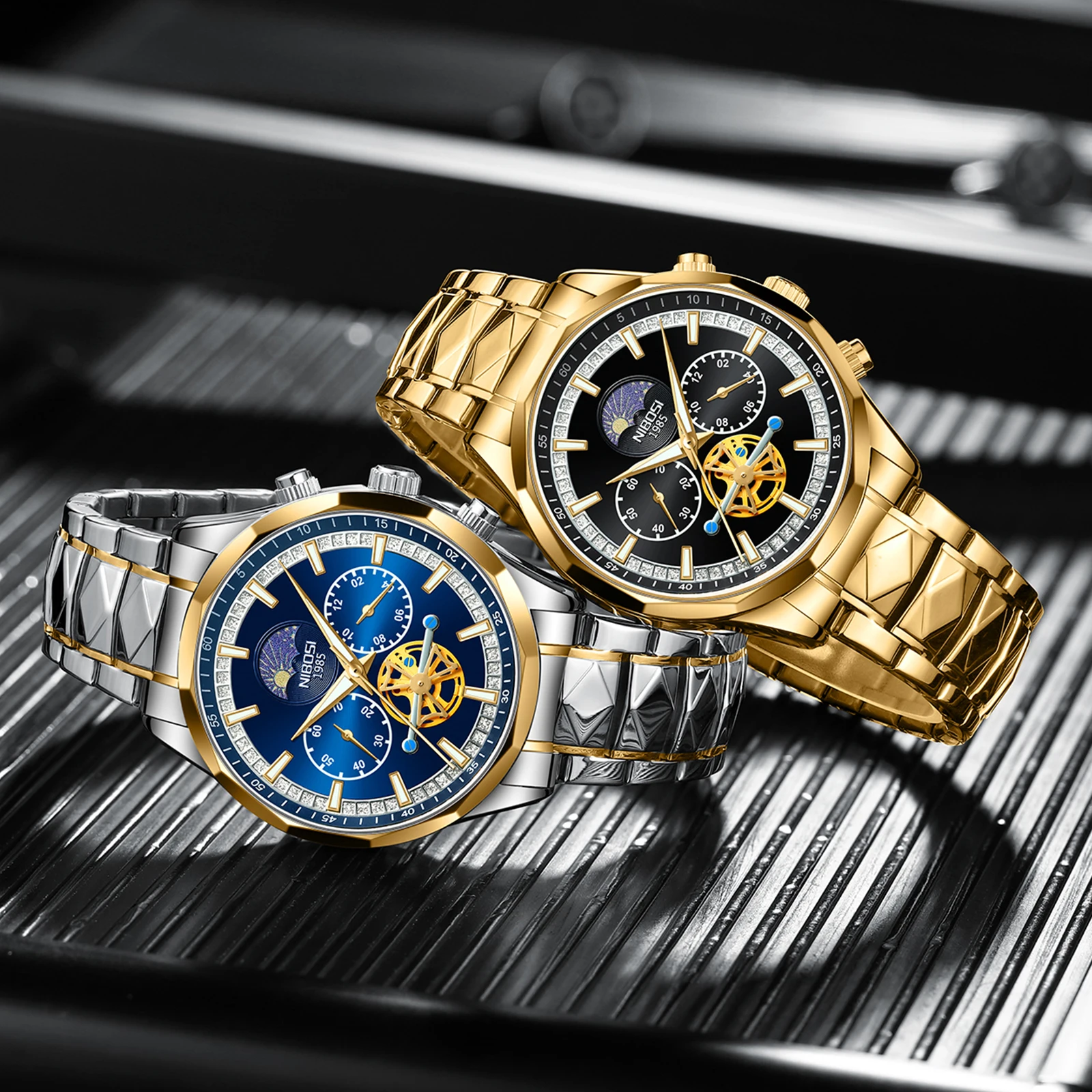 Nibosi 2656 Hollow Out Design Quartz Watches Stainless Steel Band Men Watch Waterproof Sun and Moon Display Male Wristwatches