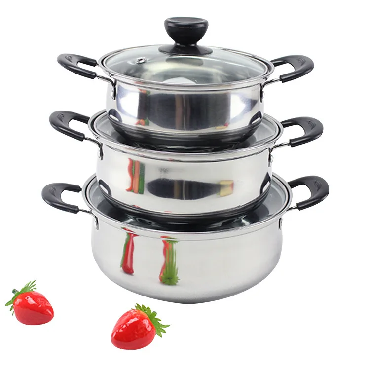 Wholesale korea style kitchenware hot pot stainless steele 3 pcs cookware pot with glass lid