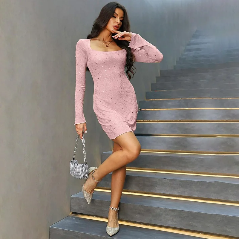 Womens Rhinestone Evening Dresses Sexy Diamond Club Outfits Sheer Mesh Long Sleeve Gown Sequin Dress