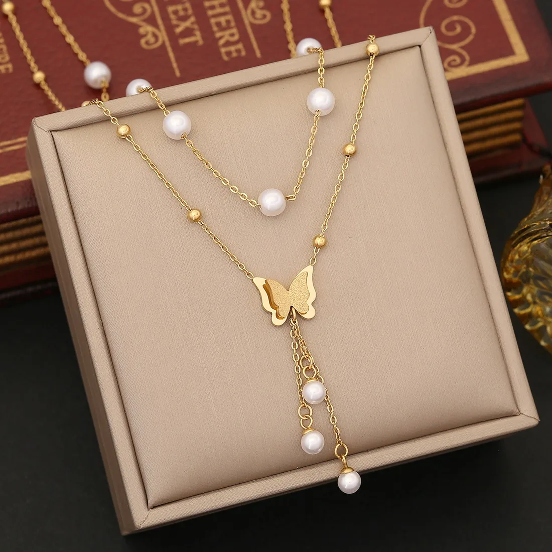 New Fashion Pearl Double Layer Chain Trendy Love Butterfly Pendant Stainless Steel Temperament Necklace