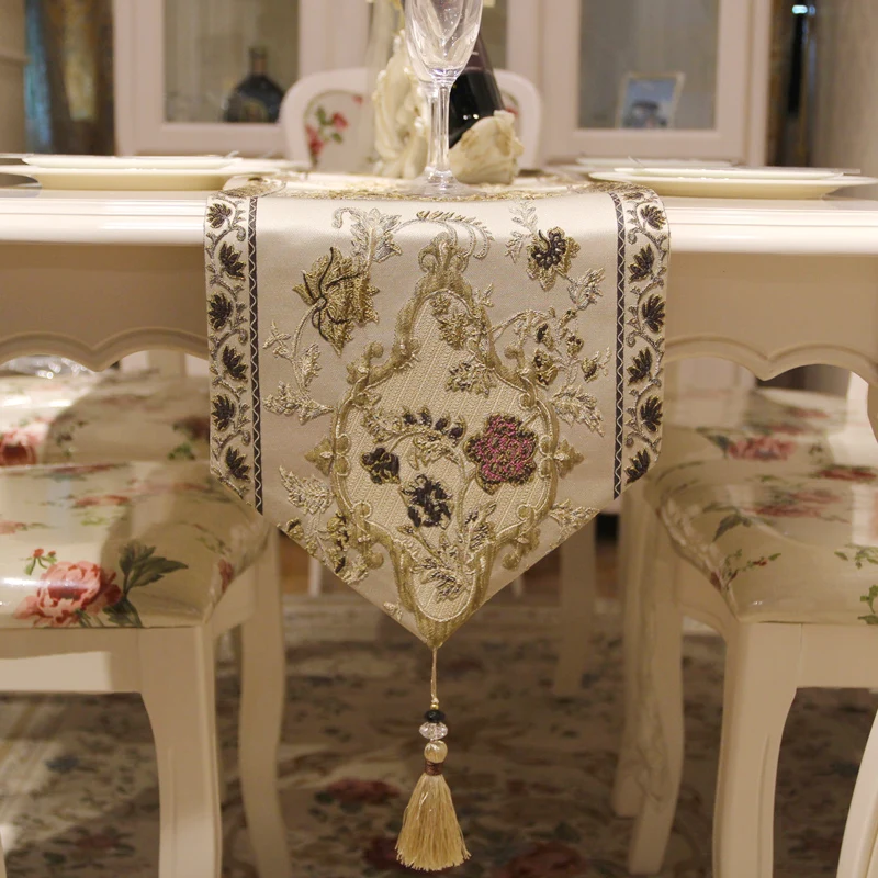 European luxury flower tassel gold blue embroidered hotel decoration supplies cheap table runner