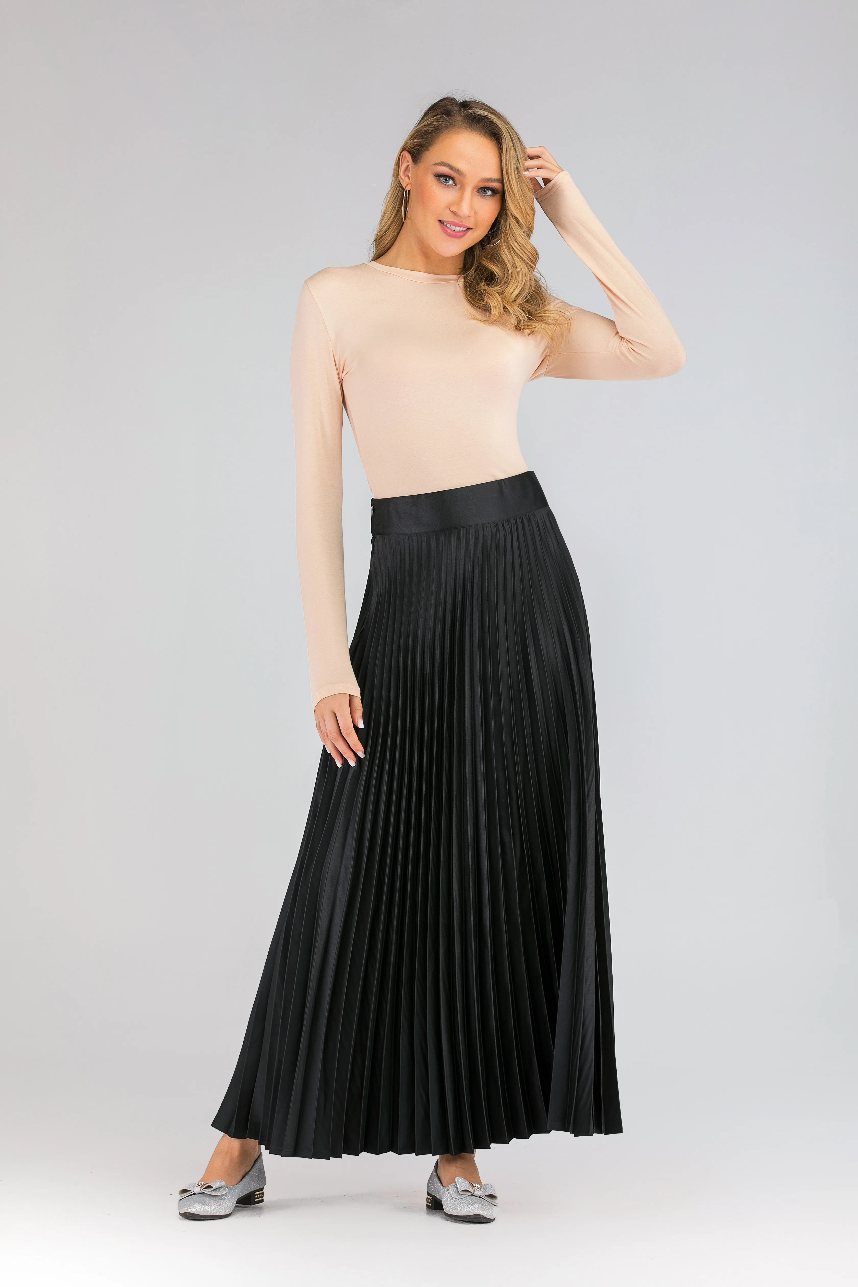 1912# modest muslim islamic clothing in Guangzhou Full Length Zipper women satin long skirt