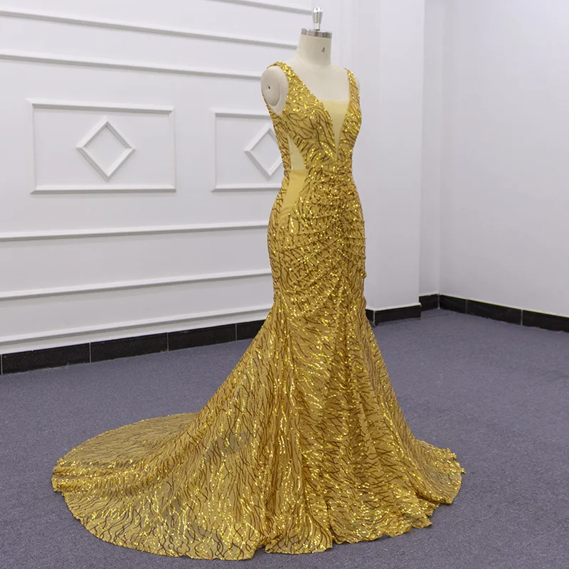 Eslieb SJ247 actual photo Sexy v-neckline Mermaid or Trumpet Shiny Gold lace Pakistani Bridal wedding Dresses