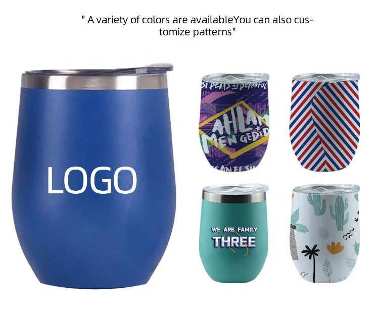 Custom logo 12oz 12 oz Thermal Stemless Wine Glasses Double Wall Vacuum Travel Mugs Tumbler Cup with Lid