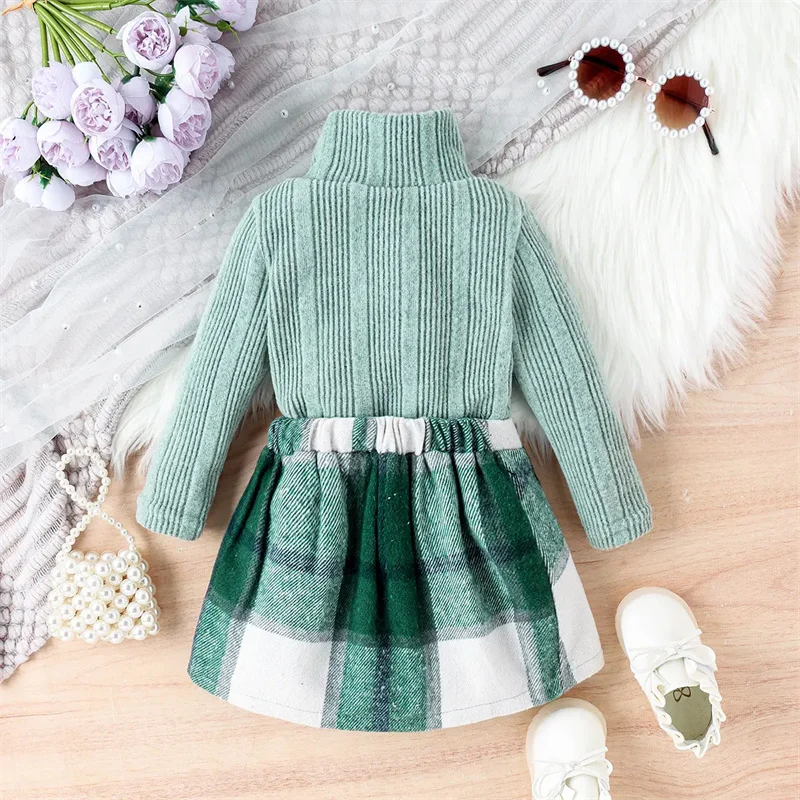 Ms-66 Children Clothing Sets Long Sleeve Tshirt Tops+Plaid Skirt Formal Outfits Winter Dress for Baby Girls 3-4 Years