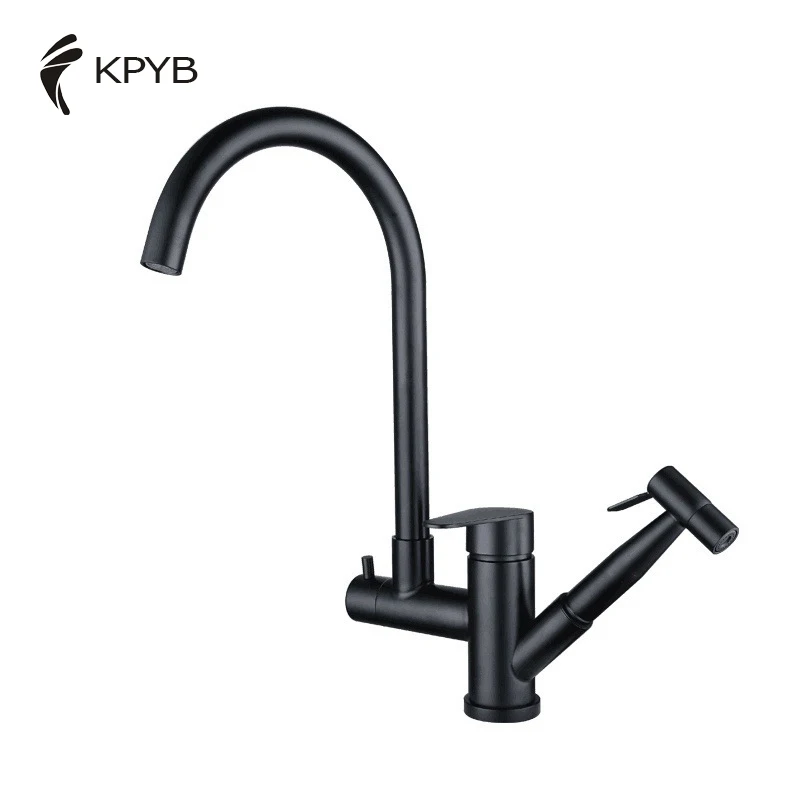 Matte Black 304 Stainless Steel Large Bend Double Switch Mixer Kitchen Sink Faucet With Pull Out High Pressure Spray Gun