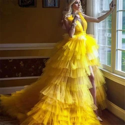 Custom Made Ruffled Prom Party Dress V-neck Tiered Puff Tulle Ball Gown Evening Dress