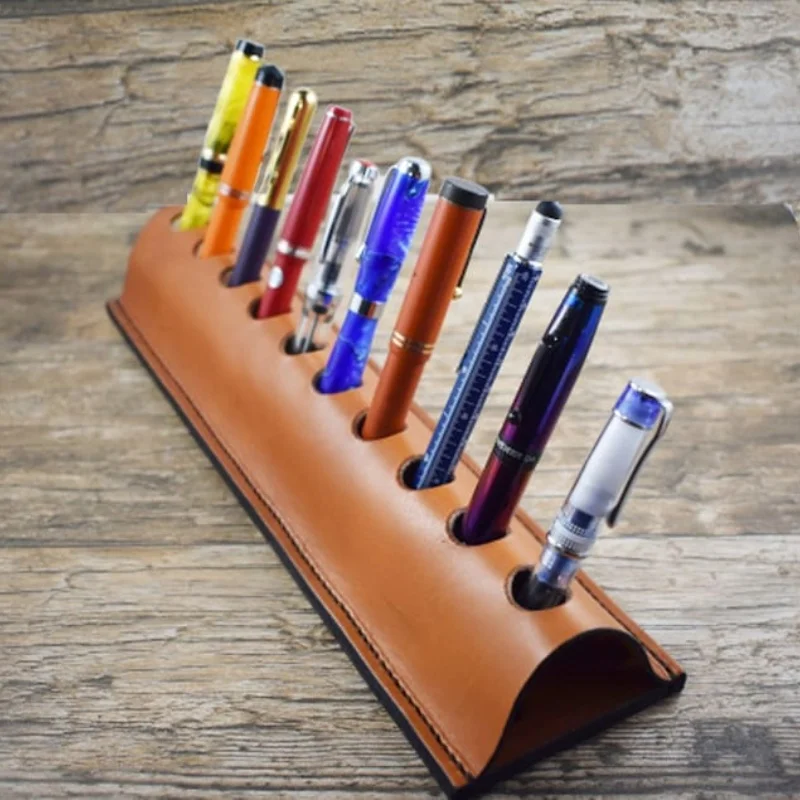 Custom Logo Fountain Pen Stand Table Top Leather 10 Pen Holder For Desk Customized