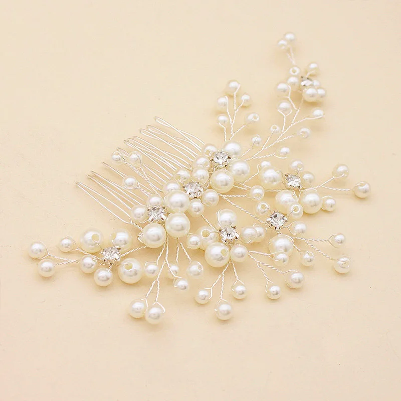 Hot Sale Handmade Wedding Accessories Headpiece Bridesmaid Fancy Pearl Silver Flower Insert Comb Bridal Hair Combs