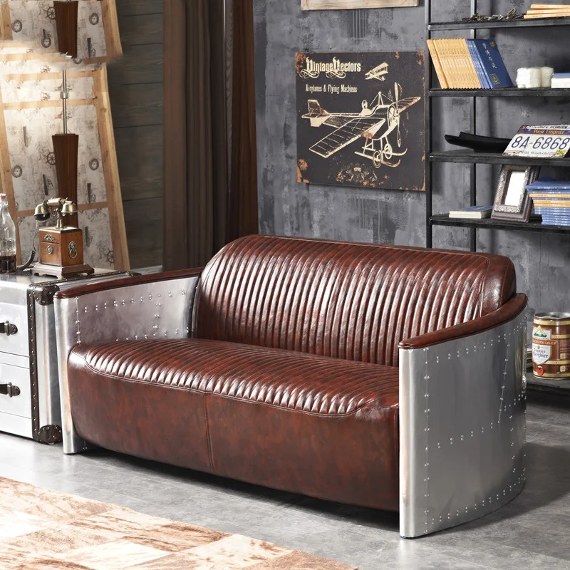 Industrial Retro Aluminum Leather Aviator Sofa Love Seat Sofa KTV Bar Brown Leather sofa