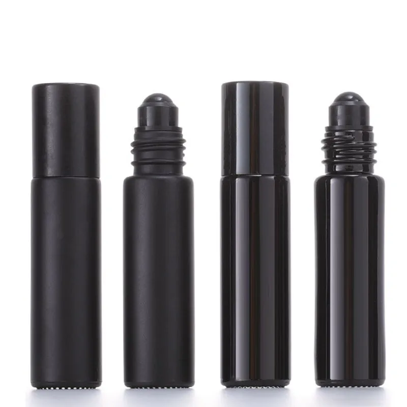 High Quality 10ml Cosmetic Packaging Shiny Black Roll On Bottle 10 ml Essential Oil Frosted Black Glass Roller Perfume Bottle