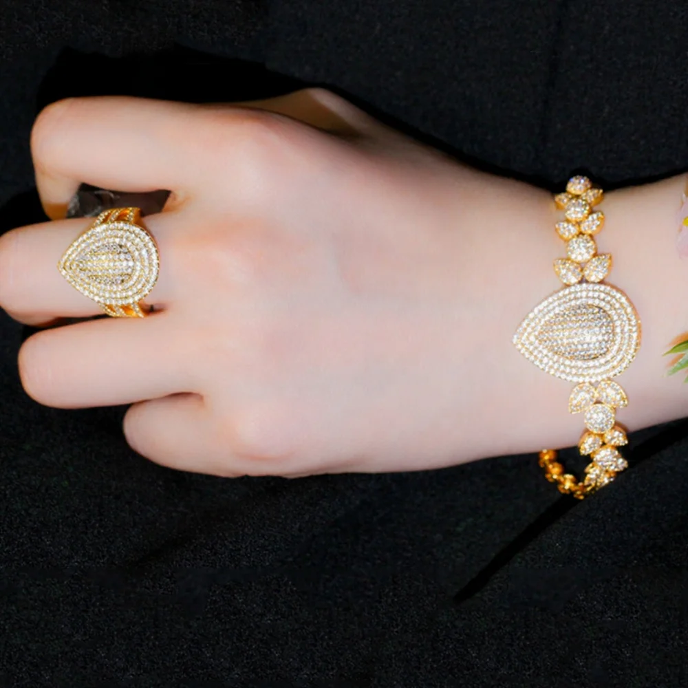 Full Diamond Dubai 18K Gold Plated Zircon Bridal Jewelry Sets Luxury Water Drop African Women Jewelry Sets