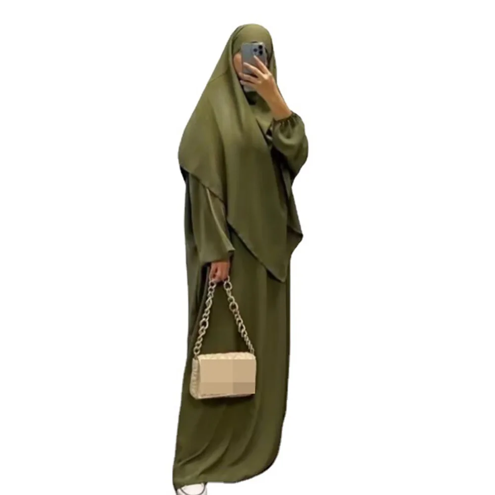 Long Hijab Khimar and Abaya Jilbab 2 Piece Set Matching Eid Prayer Garment Muslim Women Dress Ramadan Niqab Islamic Dubai Burqa