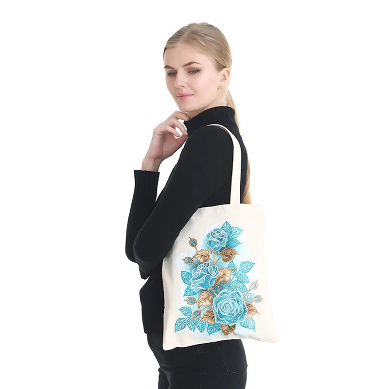 Fashion Shopping Bag DIY Sticker Diamond Painting Rose Flower Art Crystal Tote Bag Advertising Canvas Bag Embroidered Handbag