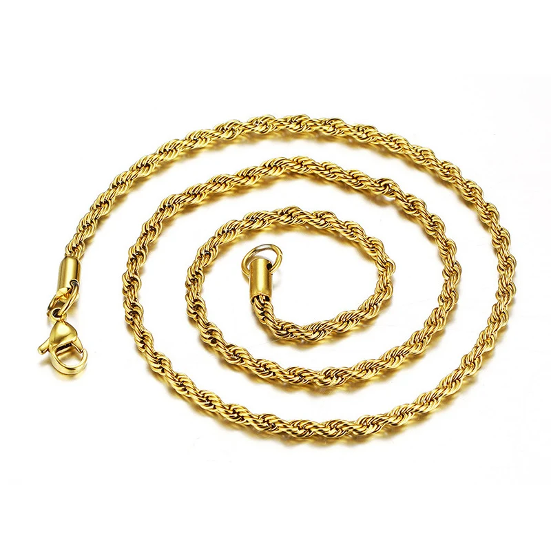chapado en oro collares stainless steel 18k gold plated thick twisted rope chain necklace for men