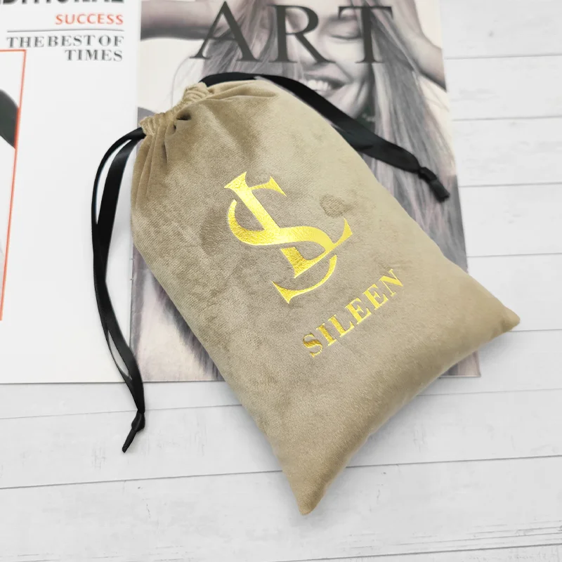 Soft drawstring velvet pouch large custom brown velvet jewelry packaging pouch gold logo gift dust bag