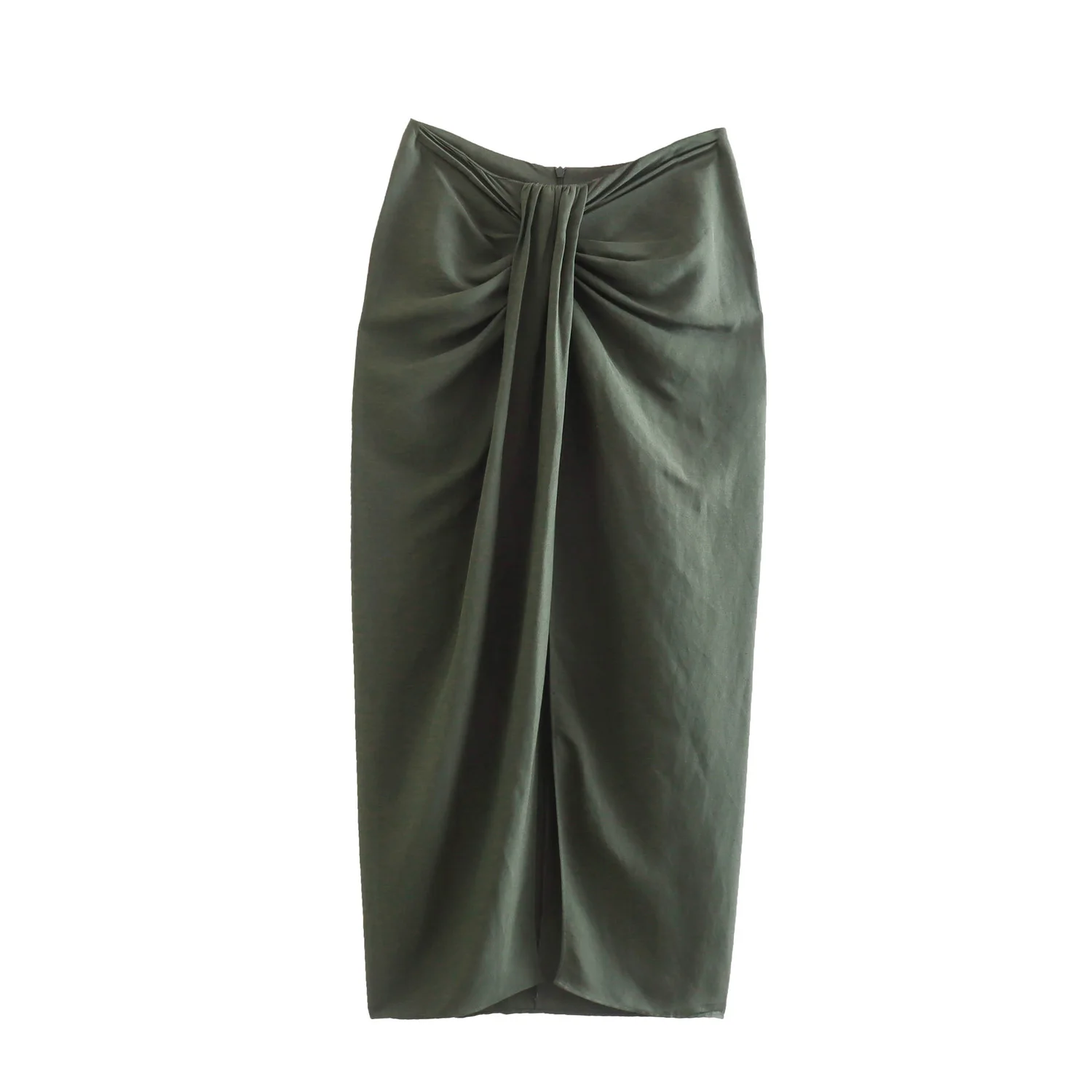 New design front pleated and slit green color casual fashion long skirts for ladies