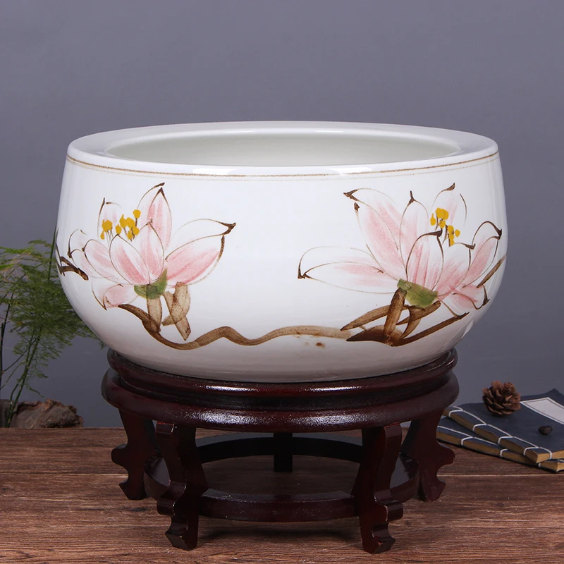 Jingdezhen Color Glaze Kiln Green Freehand Lotus Fish Pattern Wax Gourd Tank Planter Pot