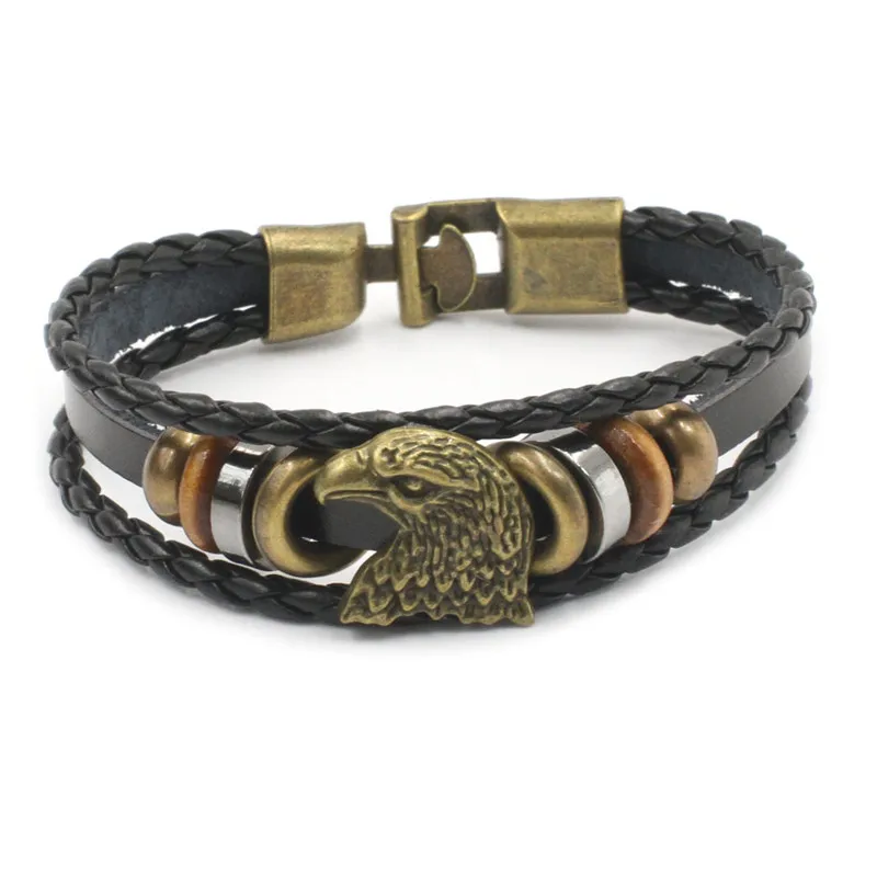 Leather Alloy Vintage Strap Wristband  Eagle Head Multilayer Knitting bracelet AYB006