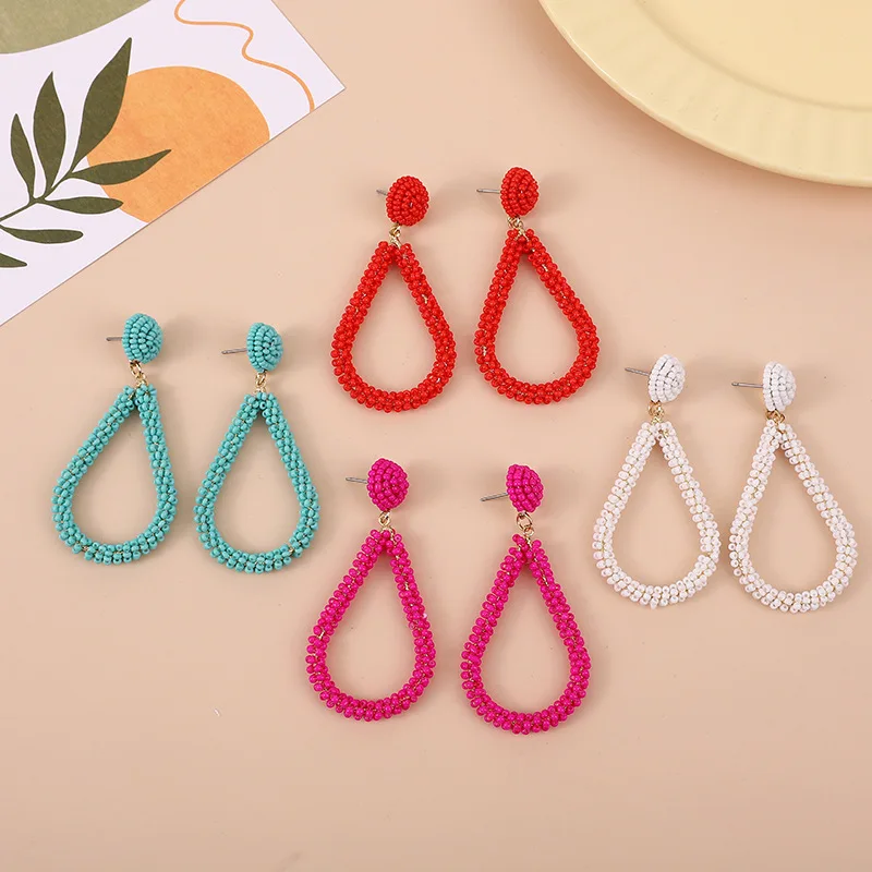 KL Wholesale pendientes de cuentas Bohemian mixed color statement hand made bead drop large hoop beaded earrings