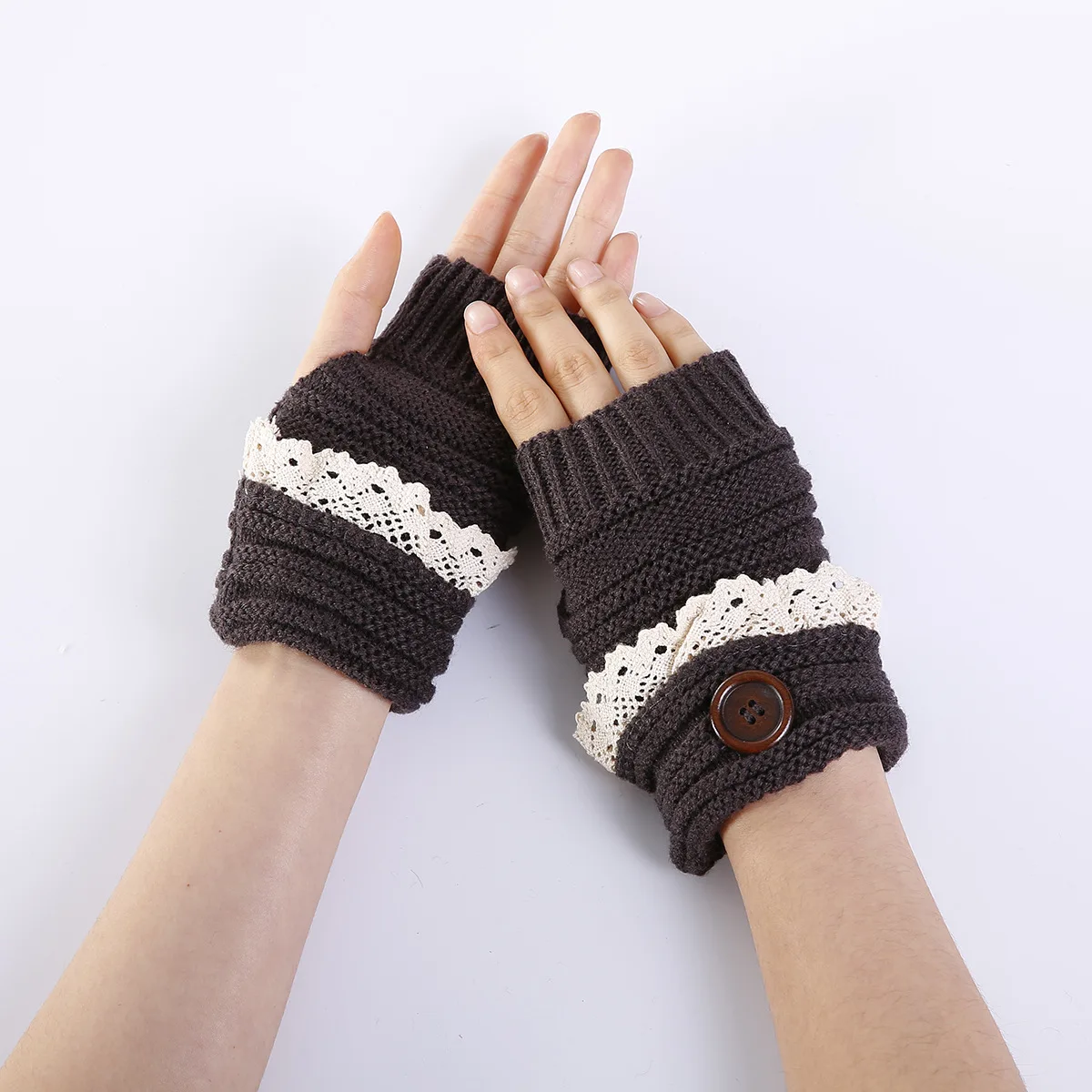 Wholesale Women Fall Winter Short Cuff Lace Patchwork Warm Knit Fingerless Gloves Hand Crochet Thumbhole Arm Warmers Mittens