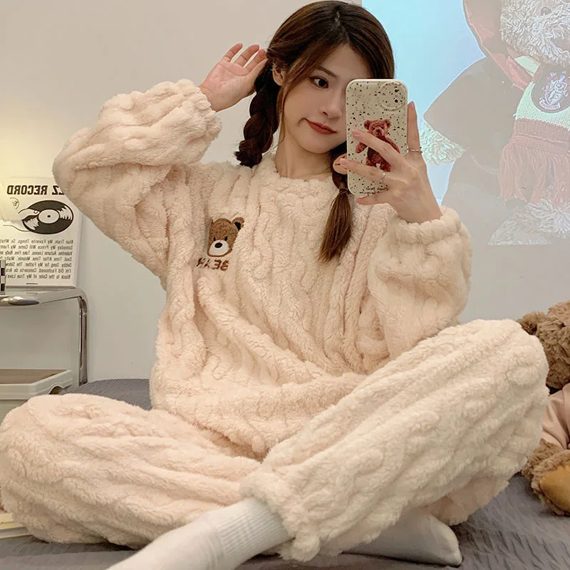 New Coral-wool Pajamas For Ladies Winter Round Collar Suit With Velvet And Thick Winter Thermal Pajamas Cartoon Home Wear